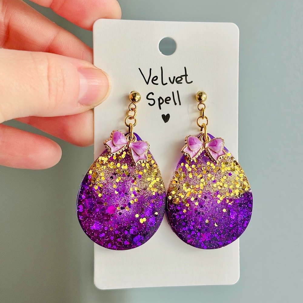 🔴SOLD ✨ Velvet Spell – Handmade Purple & Gold Earrings | Glitter Jewelry ✨
